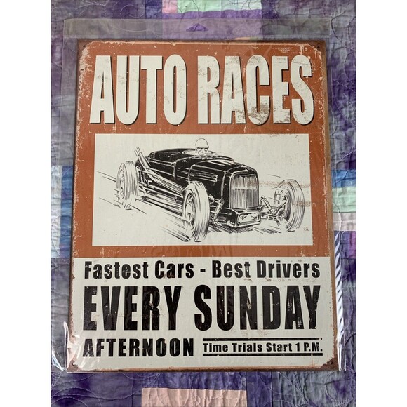 Other - Auto Races Every Sunday Afternoon Car Race Display Man Cave Tin Sign 16"x12.5"